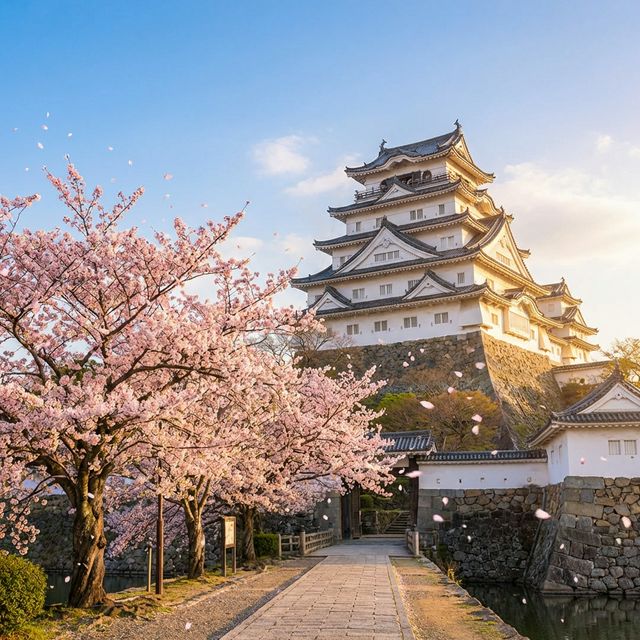 Historic Japanese castle surrounded by pink cherry blossom trees