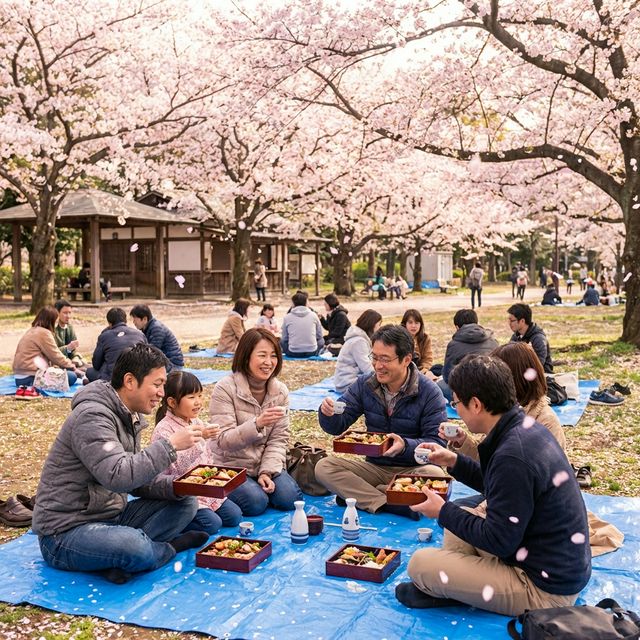 Traditional hanami picnic under cherry blossom trees in Japan