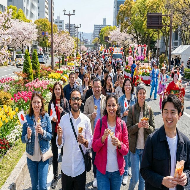 Festival crowds enjoying Hiroshima Flower Festival street performances