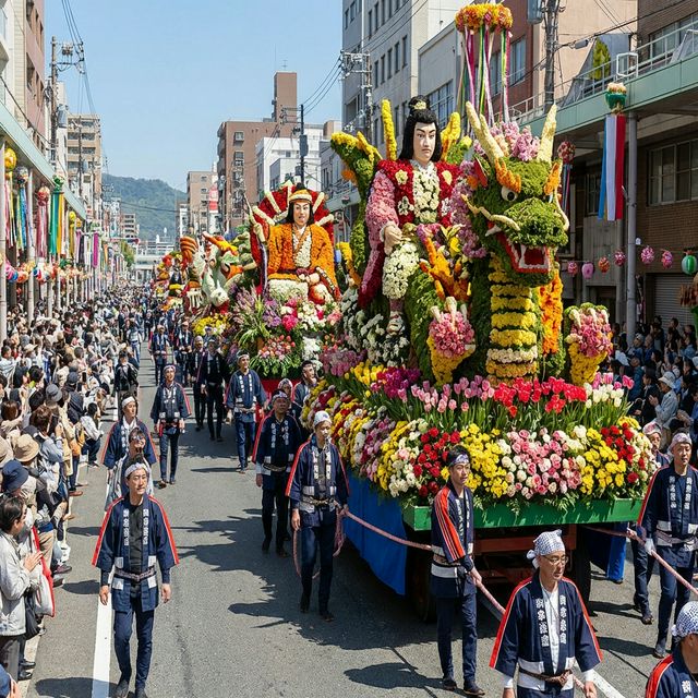 Elaborate flower-decorated floats at Hiroshima Flower Festival parade
