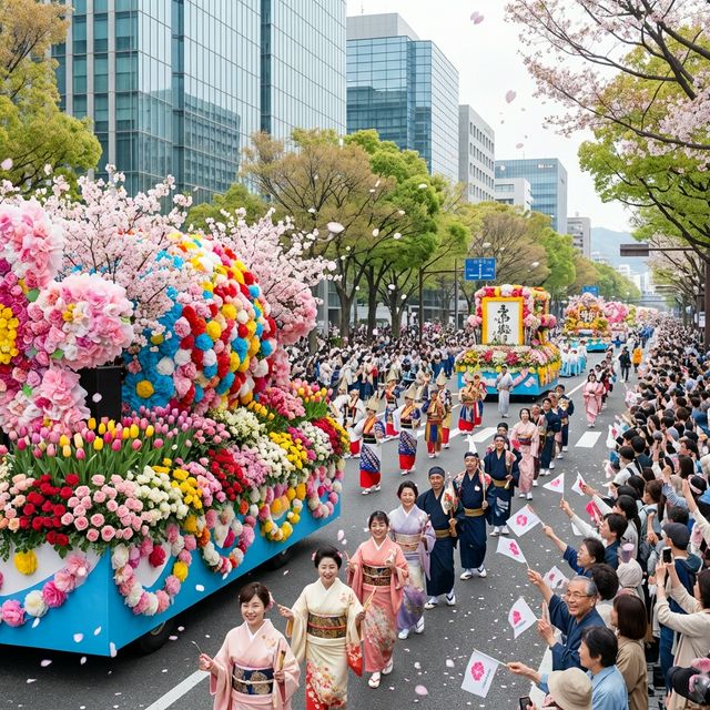 Colorful flower parade at Hiroshima Flower Festival with traditional dancers