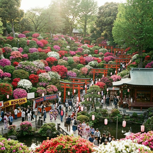 Panoramic view of Nezu Shrine azalea garden with colorful hillside blooms in Tokyo