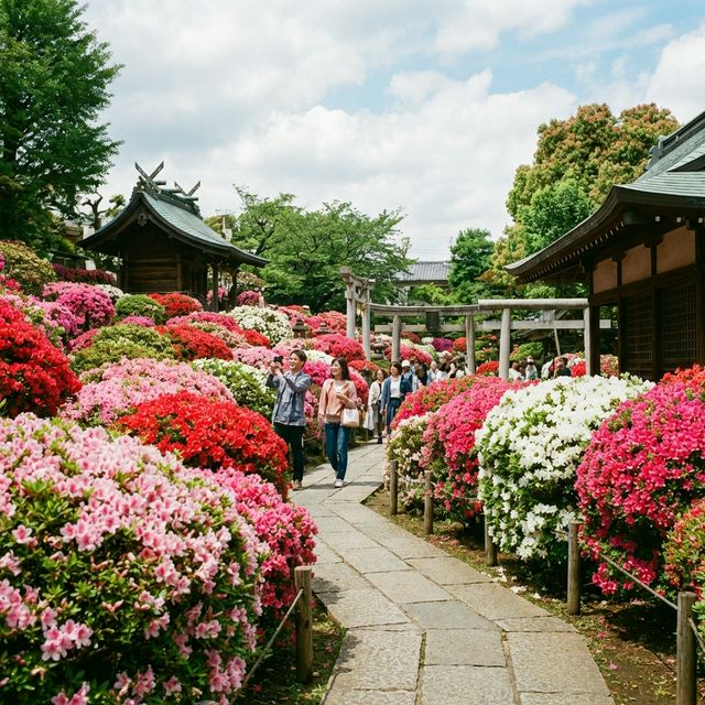 Winding paths through Nezu Shrine azalea garden with visitors enjoying spring flowers