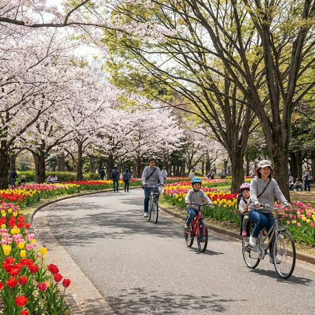 Visitors cycling through flower fields at Showa Memorial Park