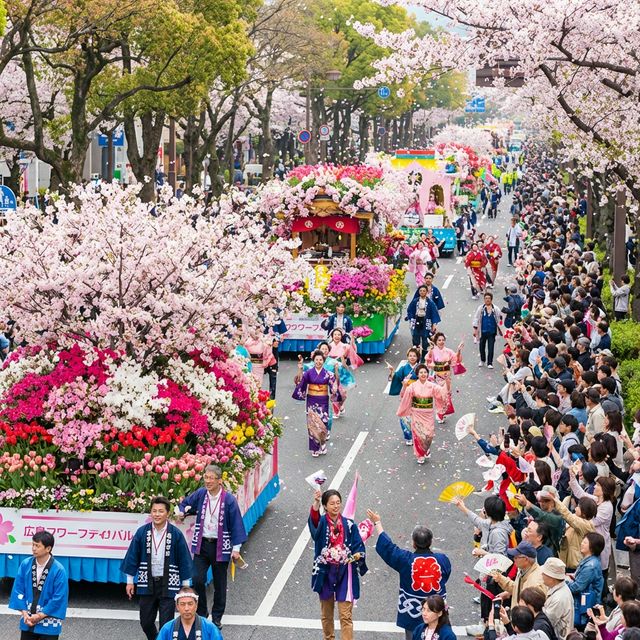 Traditional parade floats at Hiroshima Flower Festival celebration