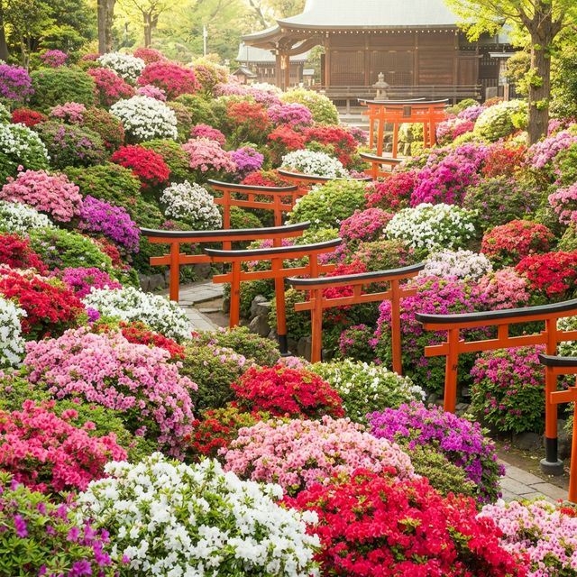 Rainbow of azalea colors at historic Nezu Shrine garden Tokyo