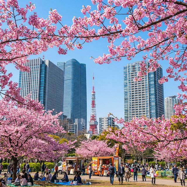 Pink cherry blossom trees in Tokyo urban park hanami spot